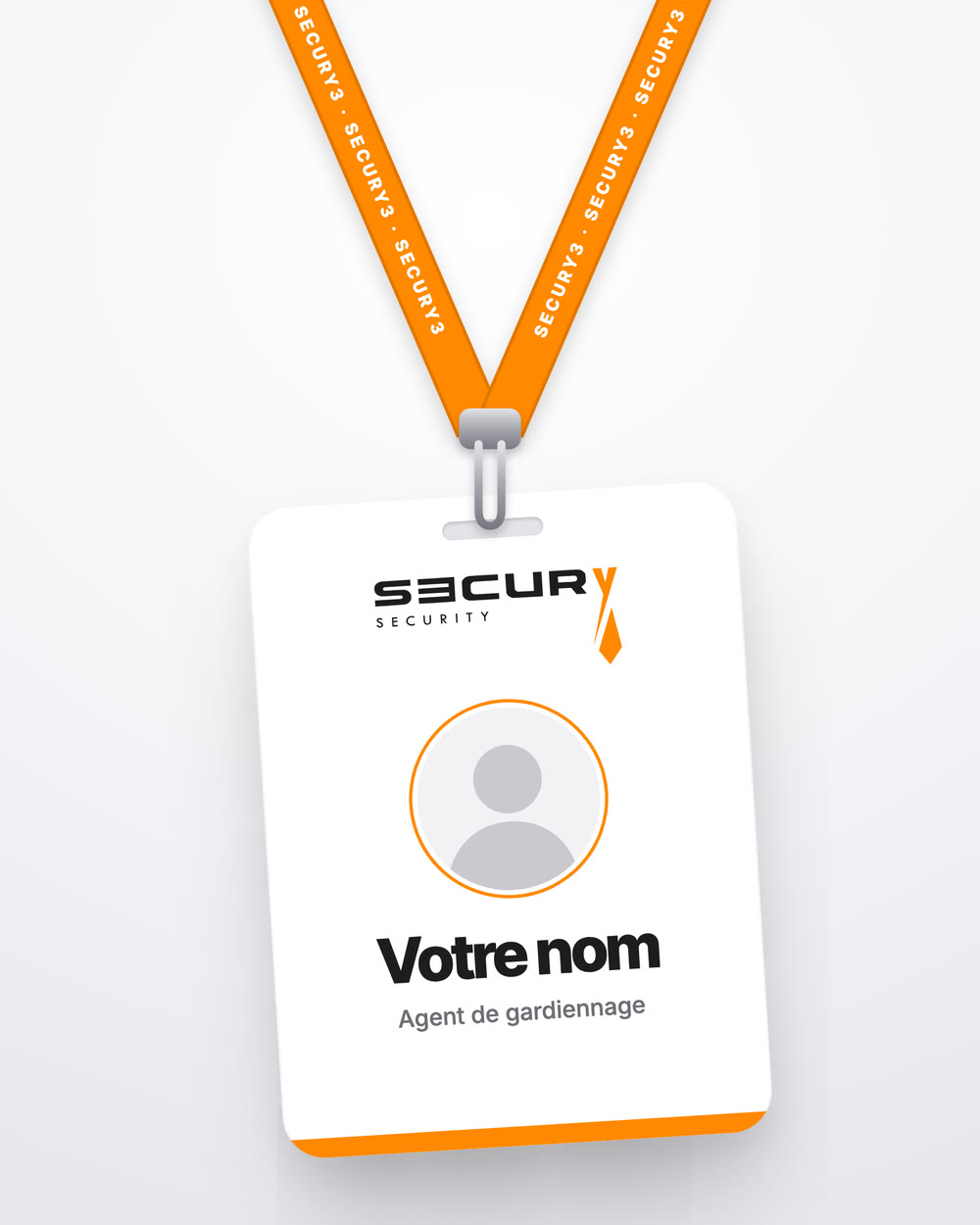 Badge SECURY3 au cordon orange : « Votre nom, agent de gardiennage »