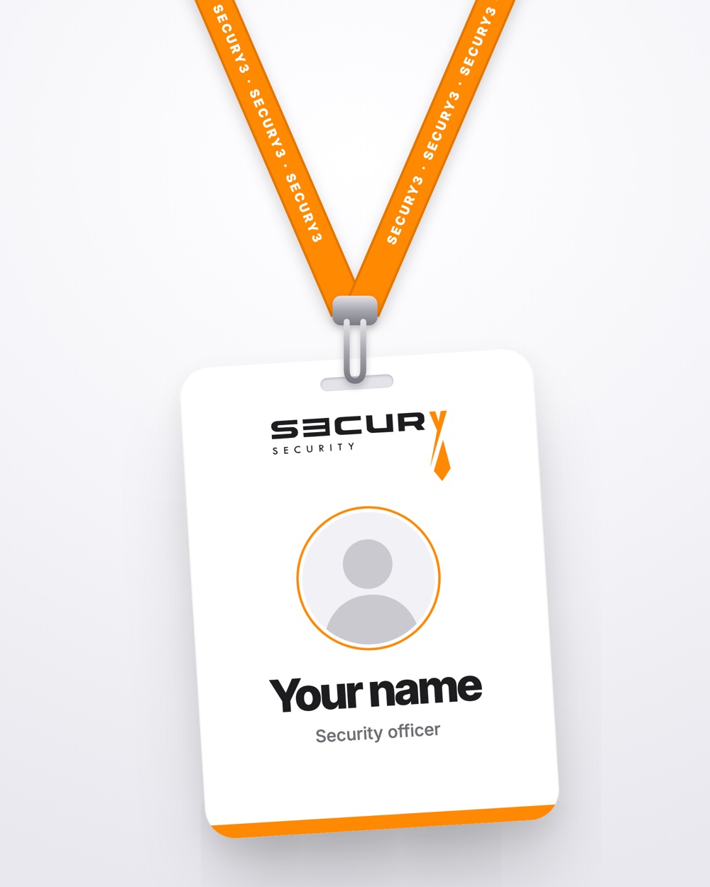 SECURY3 badge on an orange lanyard: ‘Your name, security officer’