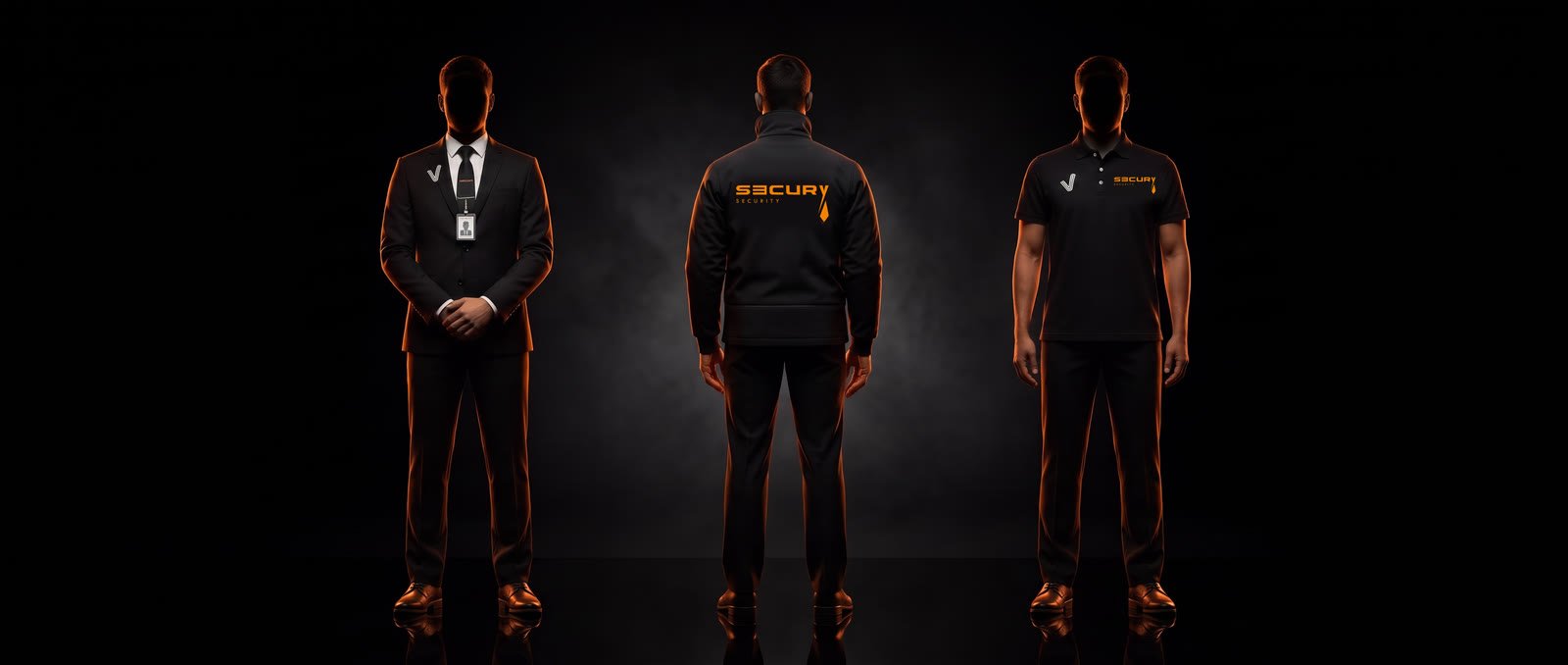 Trois agents SECURY3 en tenue : costume, blouson et polo