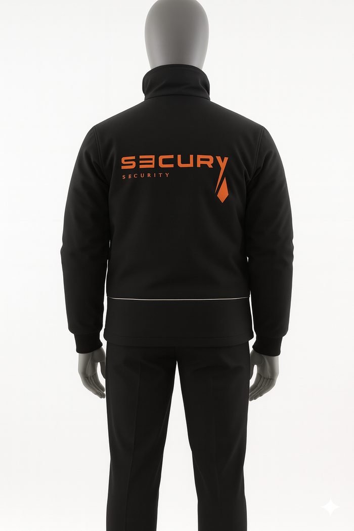 Veste noire SECURY3 vue de dos, logo orange